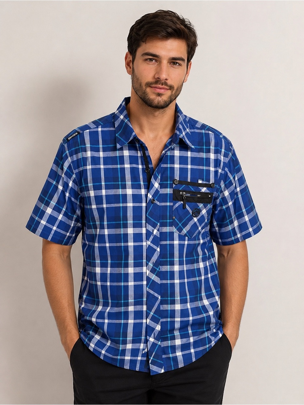 Enyce Blue Plaid Short Sleeve Button-Up Shirt with Zipper Pocket